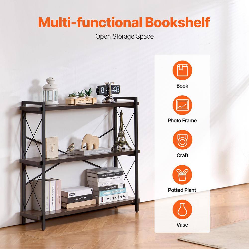 Brown Metal 3-Tier Adjustable Industrial Bookshelf