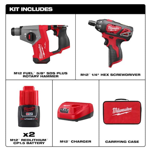M12 FUEL 12V Lithium-Ion Brushless Cordless 5/8 in. SDS-Plus Rotary Hammer Drill, & M12 Screwdriver Kit