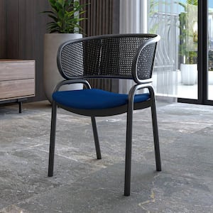 Modern Upholstered Dining Chair with Cozy Armrest and Black Iron Legs for Dining Room, Ervilla Series in Navy Blue