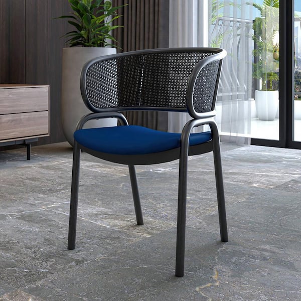 Leisuremod Modern Upholstered Dining Chair with Cozy Armrest and Black Iron Legs for Dining Room, Ervilla Series in Navy Blue
