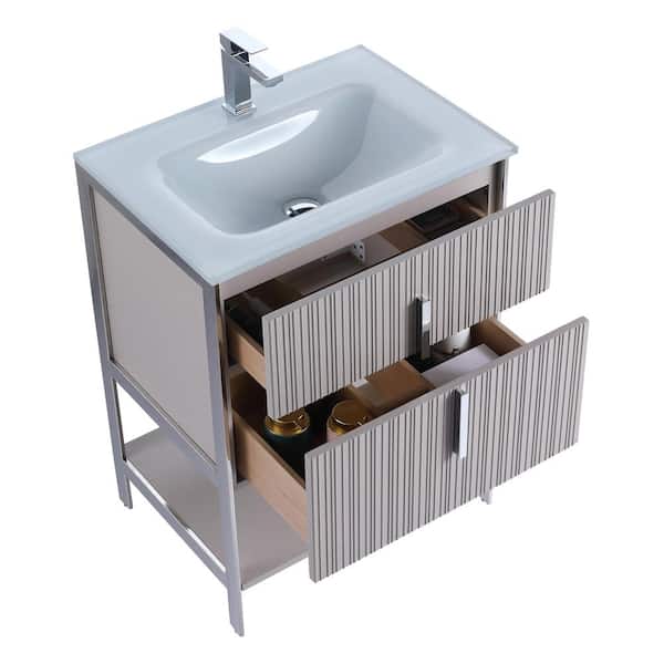 FINE FIXTURES 24 in. W x 18 in. D x 33.5 in. H Bright Taupe Bath Vanity with White Glass Single Hole Top Sink with Chrome Hardware
