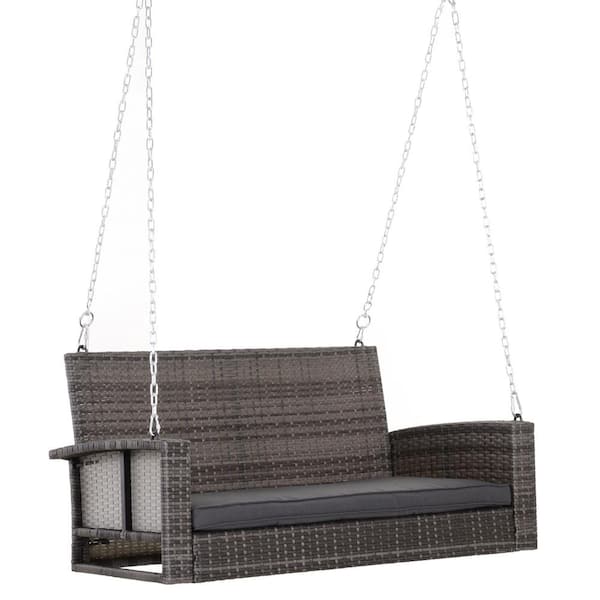 Unbranded 2-Person Wicker Hanging Swing Bench, Front Porch Swing Outdoor Chair with Gray Cushions