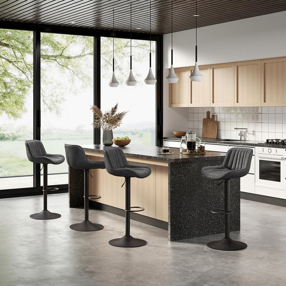 Zouron Adjustable Swivel Bar Stools, Black Faux Leather & Metal