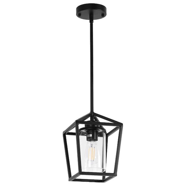 YANSUN 1-Light Matte Black Modern Farmhouse Cage Lantern Shaded Pendant Lighting with Clear Glass Shade for Dining Room