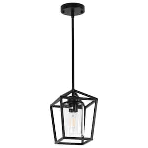 1-Light Matte Black Modern Farmhouse Cage Lantern Shaded Pendant Lighting with Clear Glass Shade for Dining Room