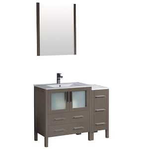 Torino 42 in. Vanity in Gray Oak with Ceramic Vanity Top in White with White Basin and Mirror (Faucet Not Included)