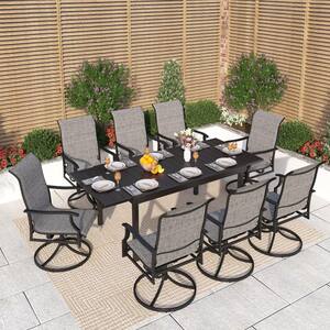 Black 9-Piece Metal Outdoor Patio Dining Set with Extendable Table and Padded Textilene Swivel Chairs