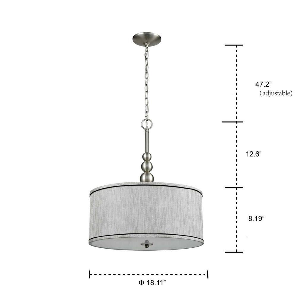 Brushed Nickel Drum Pendant Light with Grey Fabric Shade