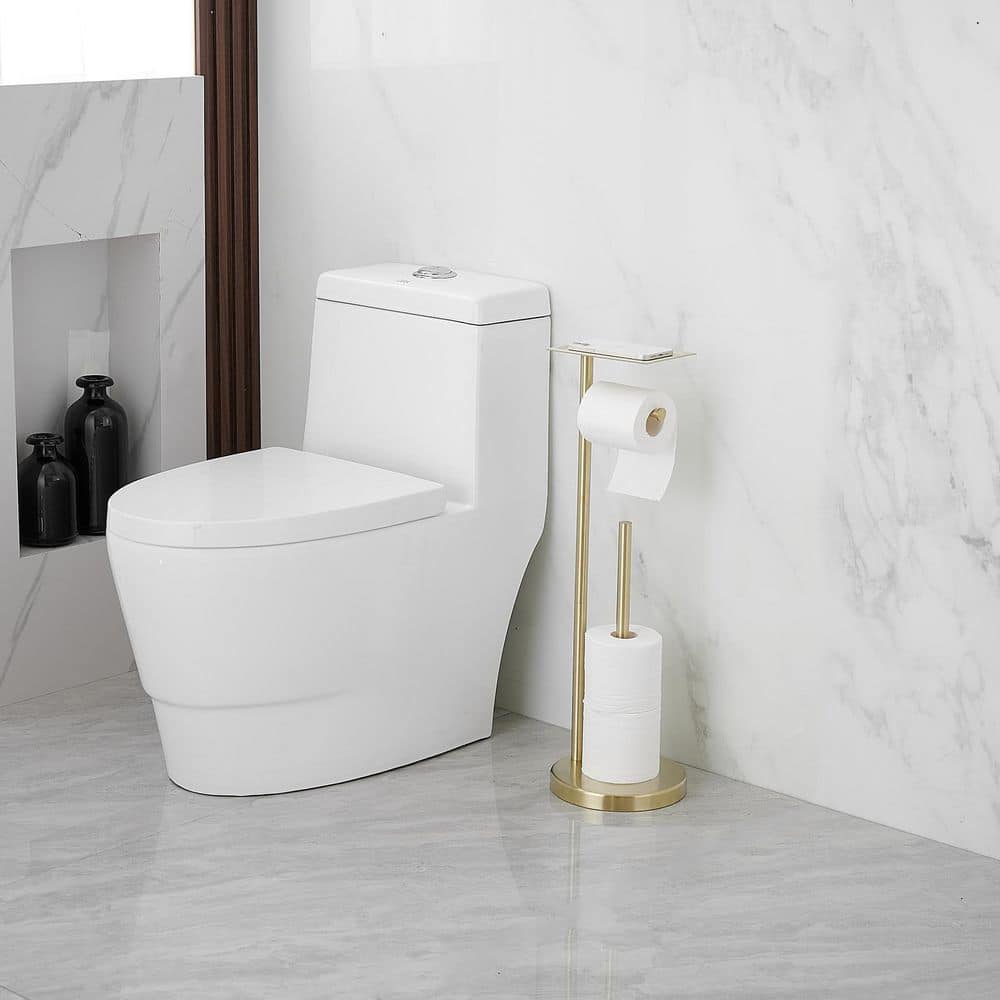 Brushed Gold Freestanding Toilet Paper Holder with Storage Shelf