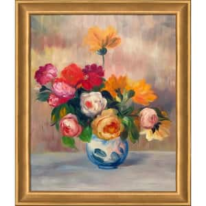 Vase of Roses and Dahlias by Pierre-Auguste Renoir Muted Gold Glow Framed Abstract Painting Art Print 24 in. x 28 in.