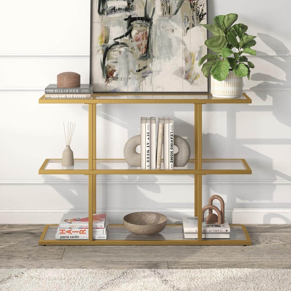 Cantilevered Brass & Tempered Glass Console Table with Triple Shelves