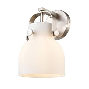 Pilaster II Bell 6.5 in. 1-Light Satin Nickel Wall Sconce with Glass Shade