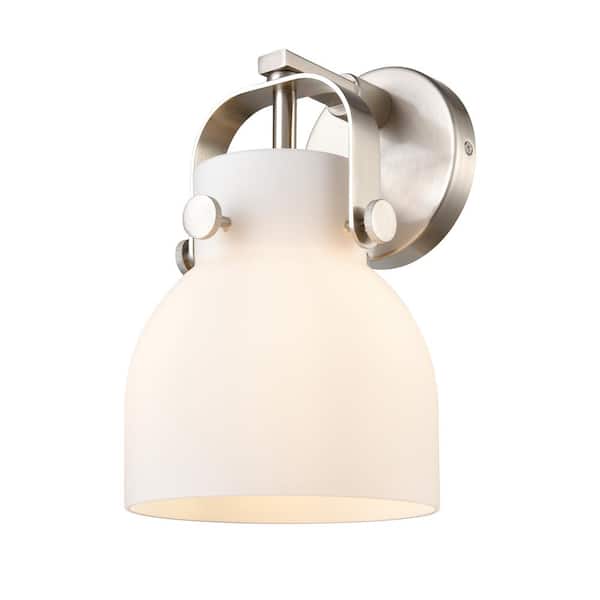Innovations Pilaster II Bell 6.5 in. 1-Light Satin Nickel Wall Sconce with Glass Shade