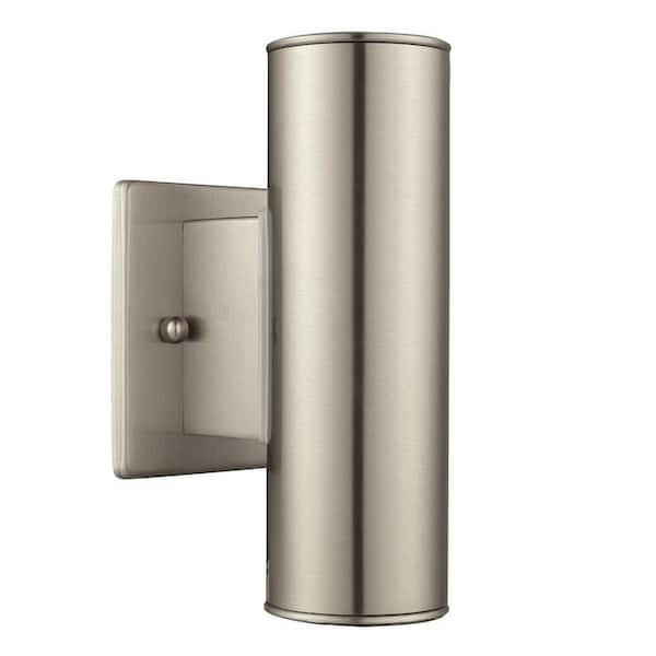 Home Decorators Collection Riga 7.64 in. 2-Light Modern Stainless Steel Dimmable LED Cylinder Outdoor Wall Light Sconce