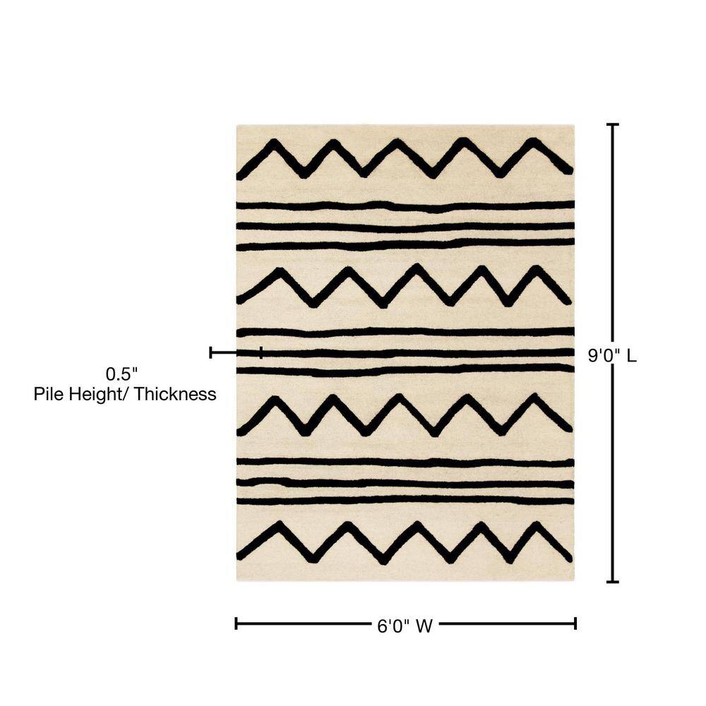 Ivory and Black Geometric Wool Kids Area Rug, 6' x 9'
