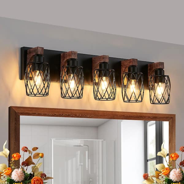31 in. Industrial Vintage 5-Light Vanity Light, Farmhouse Bathroom Wall Sconce(Bulbs Not Included)for Hallway-Black