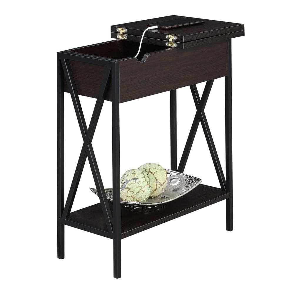 Espresso and Black Wood Metal Square End Table with Charging Station