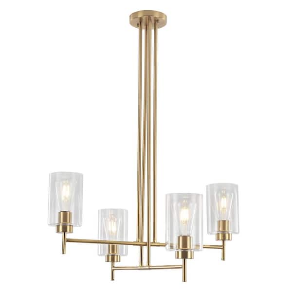 4-Light Modern Brass Hanging Linear Chandelier Lighting Fixture with Glass Shaded for Kitchen Island