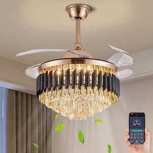42 in. Integrated LED Indoor Gold Crystal Chandelier Ceiling Fan with Lights and Remote Retractable Fandelier