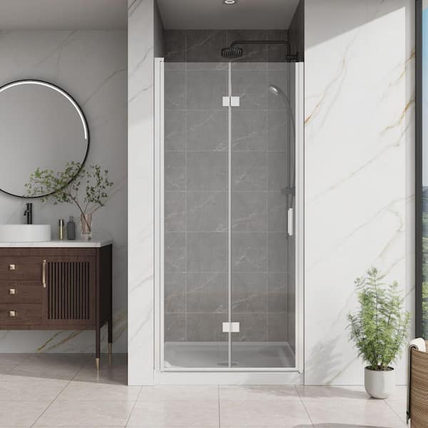 34 in. W x 72 in. H Bifold Frameless Shower Door 1/4 inch Tempered Clear Glass in Chrome, Reversible Installation