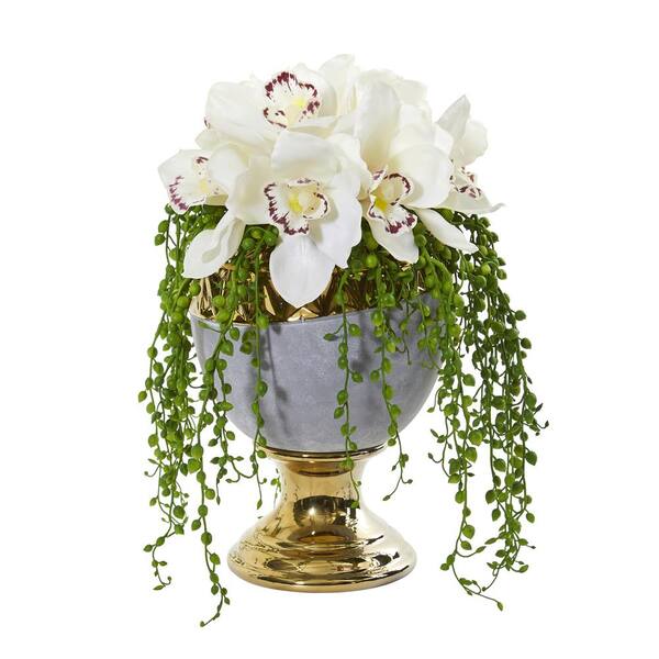 Nearly Natural 13 in. Cymbidium Orchid Artificial Arrangement in Designer Urn