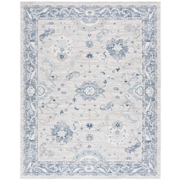 SAFAVIEH Sunrise Gray/Blue Ivory 8 ft. x 10 ft. Floral Border Reversible Indoor/Outdoor Area Rug