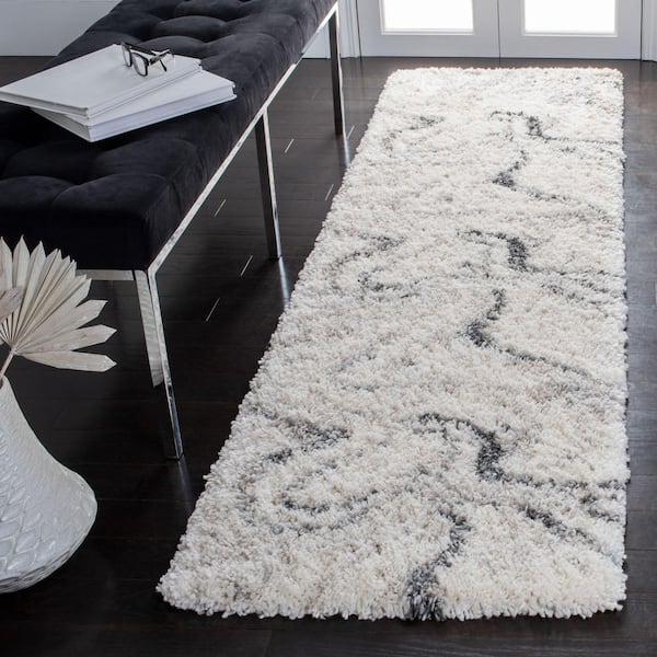Fontana Shag 2 ft. x 20 ft. Ivory/Gray Marble Abstract Runner Rug