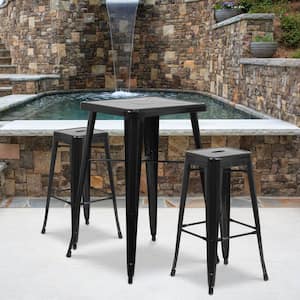 Black 30 in. H Commercial Grade Modern Metal Backless Barstool, Indoor/Outdoor Industrial Square Stacking Bar Stool