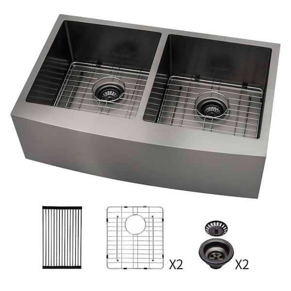 36 in. Gunmetal Black 16-Gauge Stainless Steel Double Bowl 50/50 Farmhouse Apron Kitchen Sink