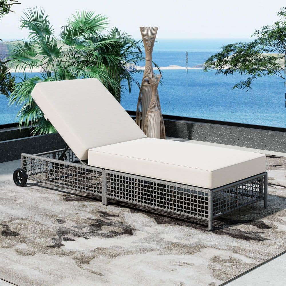 TREXM Gray Metal Outdoor Lounge Chair with Beige Cushions for
