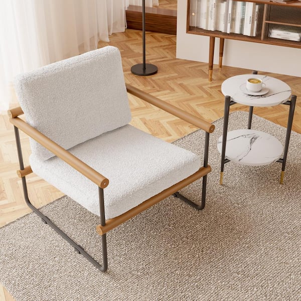GOJANE White Modern Relax Single Arms Chair, Boucle Accent Chair for Living Reception Room