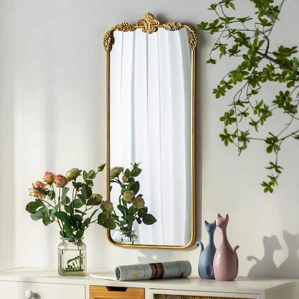 Elevatehome 16 in. W x 36 in. H Rectangular Framed Antique Gold Metal Carved Wall Bathroom Vanity Mirror