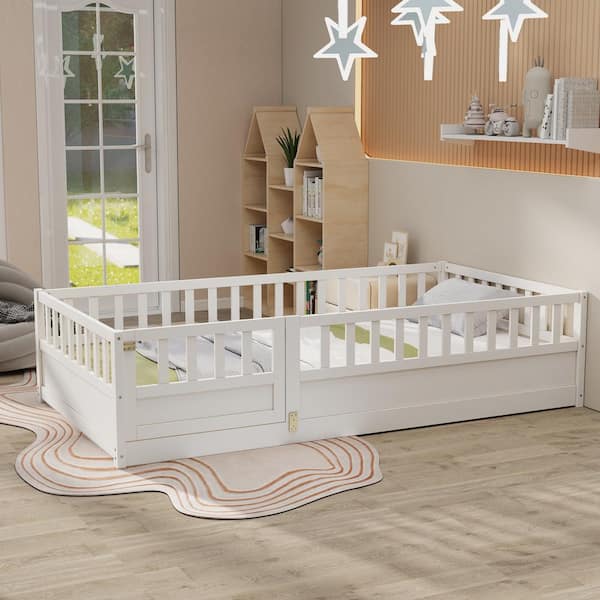 Harper & Bright Designs White Twin Size Wood Frame Floor Bed, Platform Bed with High Security Fence and Door, Support Slats