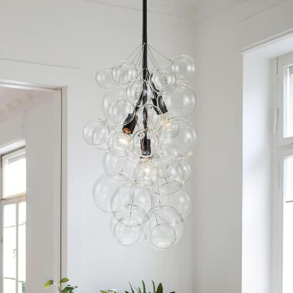 3-Light Matte Black Modern Ceiling Light Fixture Cluster Globe Bubble Chandelier for Living Room With Clear Glass Shade