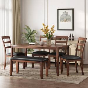 6-Piece Wood Top Walnut Dining Table Set and Chair with Bench, PU Cushion