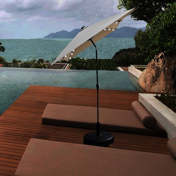10 ft. x 6.5 ft. Metal Market Solar Tilt Patio Umbrella in Medium Gray with Solar Led Lights and Crank