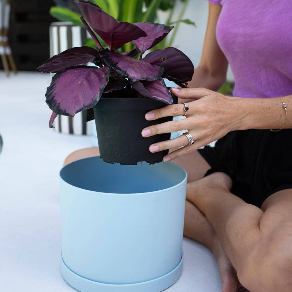 Misty Blue Modern Round Resin Planter with Saucer - 18 in.