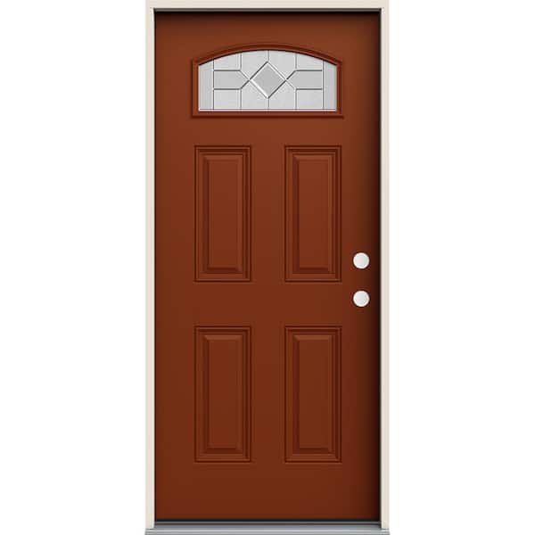 JELD-WEN 36 in. x 80 in. Left-Hand/Inswing Camber Top Caldwell Decorative Glass Mesa Red Fiberglass Prehung Front Door