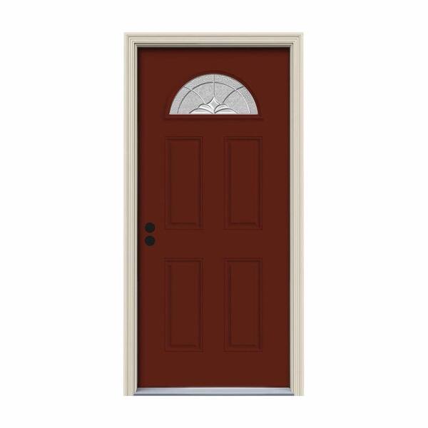 JELD-WEN 36 in. x 80 in. Fan Lite Langford Mesa Red Painted Steel Prehung Right-Hand Inswing Front Door w/Brickmould