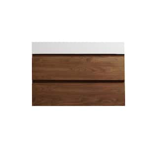 35.40 in. W x 18.13 in. D x 24.40 in. H Single Sink Wall Mounted Bath Vanity in Brown Oak with White Resin Top