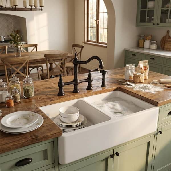 Antique Design Double Handle Bridge Kitchen Faucet with Side Sprayer in Oil Rubbed Bronze