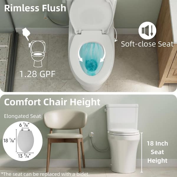 Rear Outlet Toilet, 18 in. Tall Skirted and Elongated White Ceramic 2-Piece Toilet, 1.28 GPF, P-Trap, 7 in. Rough-In