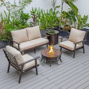 Walbrooke Brown 5-Piece Aluminum Round Patio Fire Pit Set with Beige Cushions, Slats Design and Tank Holder