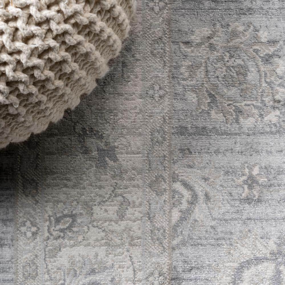 Light Gray Floral Synthetic 2x10 ft Vintage-Inspired Runner Rug