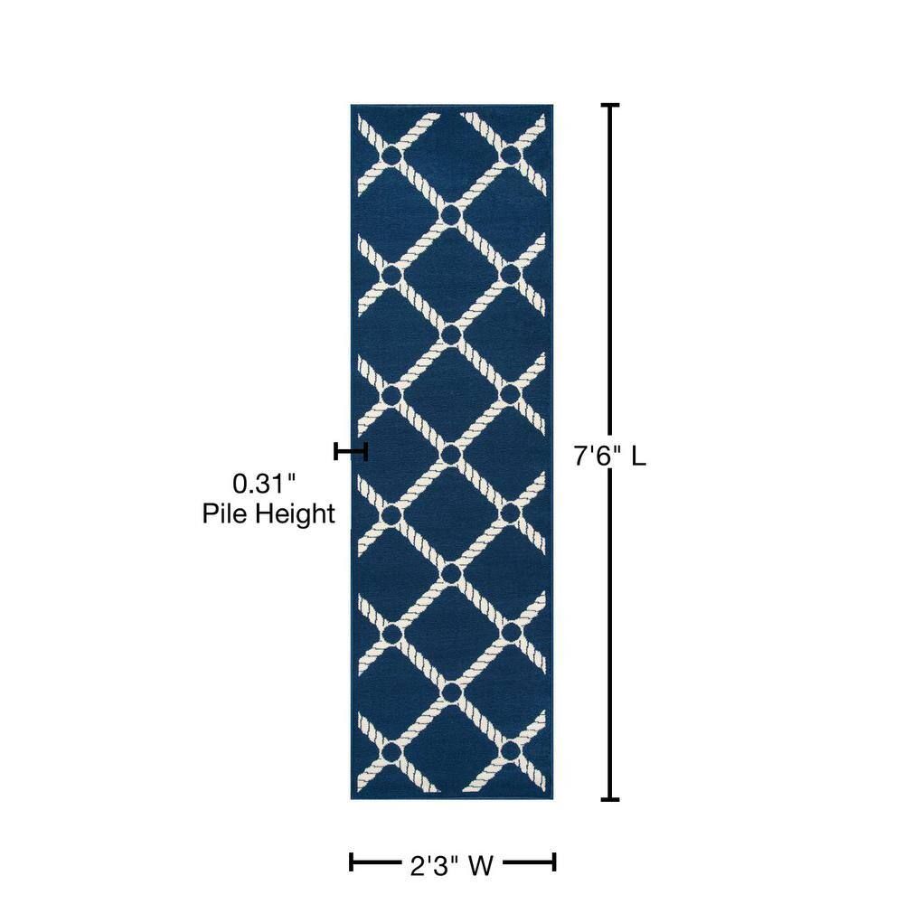 Nautical Navy Synthetic 2'3" x 7'6" Easy-Care Runner Rug