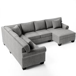113 in. W Gray Rolled Arm 3-Piece Polyester U Shape Chenille Chesterfield 6 Seats Sectional Sofa with 3-Pillows
