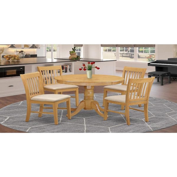 East West Furniture 5-Piece Round Natural Oak Finish Solid Wood Top Dining table with 4 Chairs with Lattice Back