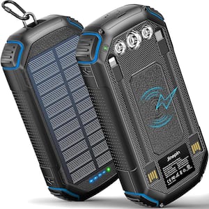 36000mAh, Wireless Solar Power Bank, Charger Built in 3 Cables IPX5 Solar External Battery with Flashlight, Blue