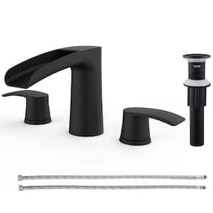 8 in. Widespread Double Handles Waterfall Spout Bathroom Sink Faucet with Pop Up Drain in Matte Black