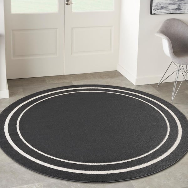 Nourison Essentials Black Ivory 6 ft. x 6 ft. Solid Contemporary Round Area Rug